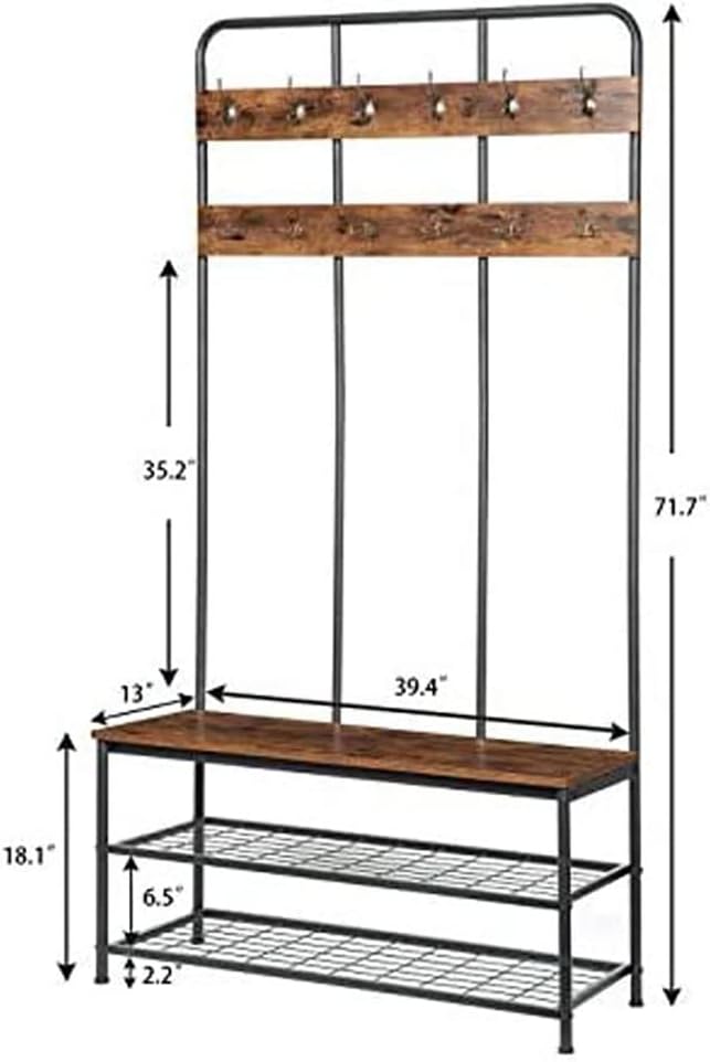 3-in-1 Entryway Coat Shoe Rack Rustic Industrial Hall Tree with 12 Coat Hooks and 2-Tier Shoe Rack Large Coat Rack Shoe Bench for Living Room Bedroom