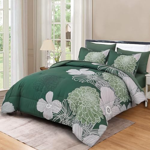 Yiran 7 Pieces Bed in a Bag Comforter Set Queen Size Grey Purple Bedding Sets Floral Soft Microfiber Comforter for All Seasons 90