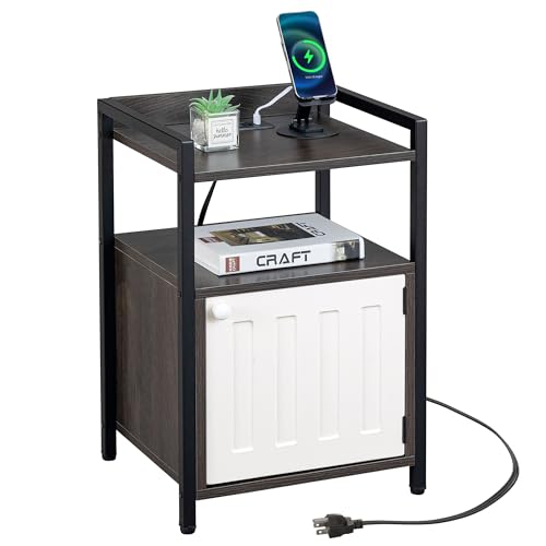 Nightstand with Charging Station, Black Nightstand, Small End Table, Bedside Table with USB Ports and Outlets, Black