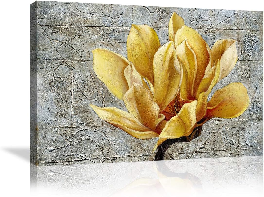 Urttiiyy Yellow Grey Flower Wall Art Abstract Gray Background Print on Canvas Home Decor Decal Pictures Poster for Bedroom Living Room Printed Painting Gifts Framed Ready to Hang - 36''x24''