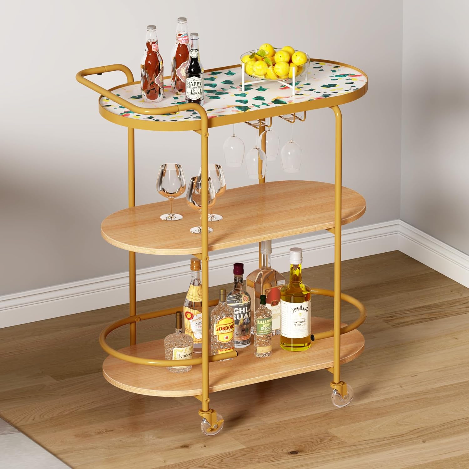 DlandHome Bar Cart 3-Tiers,Home Bar Serving Cart on Lockable Wheels,Golden,10FJGSHGS-085