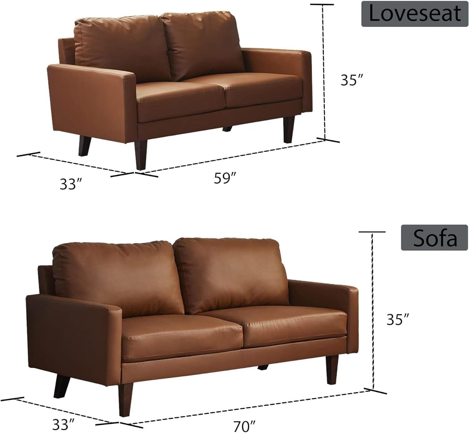 Retro Revival Leather Sofa Modern Couch with Wooden Legs for Living Room, Office - Brown