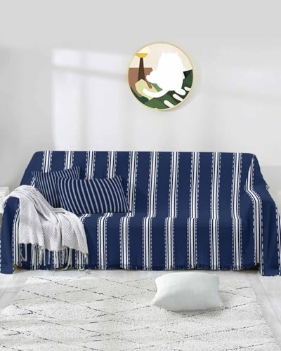 Modern Stripes Navy Blue Sofa Cover Couch Covers for 3-4 Cushion Couch Throw Couch Cover with Tassel Soft Sofa Slipcover Artistic Striped Blue White Furniture Protector Couch for Dog Pet 71