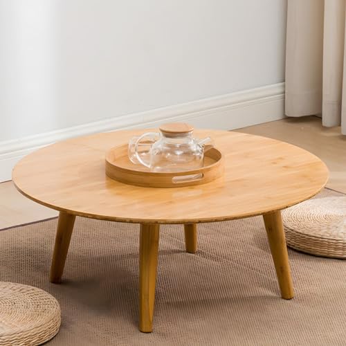 KWOKING Round Wood Coffee Table Scandinavian 4 Legs Natural Cocktail Table Japanese Table Learning Bamboo Wood Tatami Small Table Sitting Low Table Small Coffee Table Natural 24