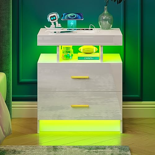 Night Stand Set 2 with USB/Type-C/Wireless Charging Station, White Nightstand with RGB Auto LED Lights, Modern Bedside Table Set of 2 with Drawers, Side Table&End Table for Bedroom Furniture