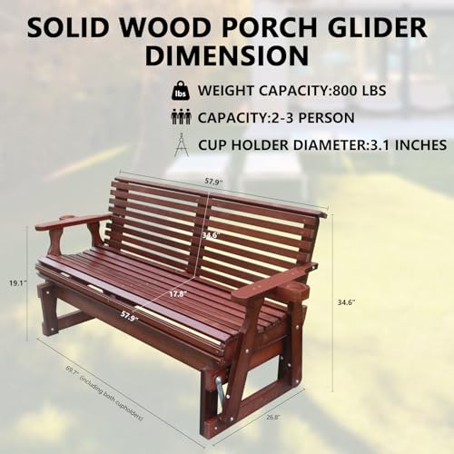 5FT Heavy Duty 800 LBS Porch Glider, Outdoor Glider Bench with Roll Back Pressure Treated with 2 Cupholders and Deep Contoured 2-Seater for Outside Patio, Yard, Balcony, Porch,Dark Brown