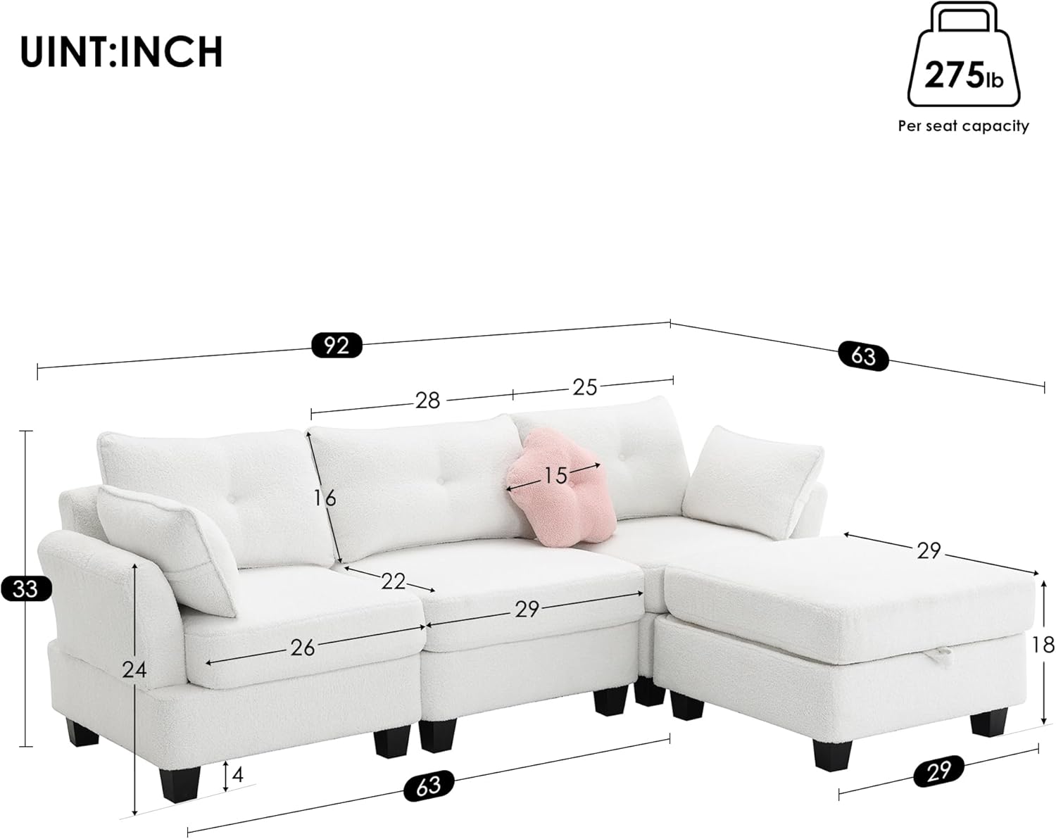 L-shaped Couch for Living Room,Modern Teddy Velvet Sectional Sofa with Storage Ottoman,Charging Ports on Each Side,3 pillows,4 seat Interior Furniture for Apartment-Beige