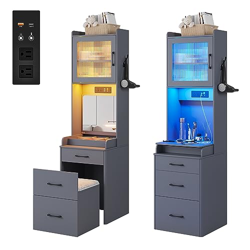 Small Vanity Desk with Plip-up Mirror and Lights, Makeup Vanity Dresser with Charging Station, LED Vanities Dressing Table Set with Drawers&Stool for Bedroom，Checkroom (Grey,1PCS)