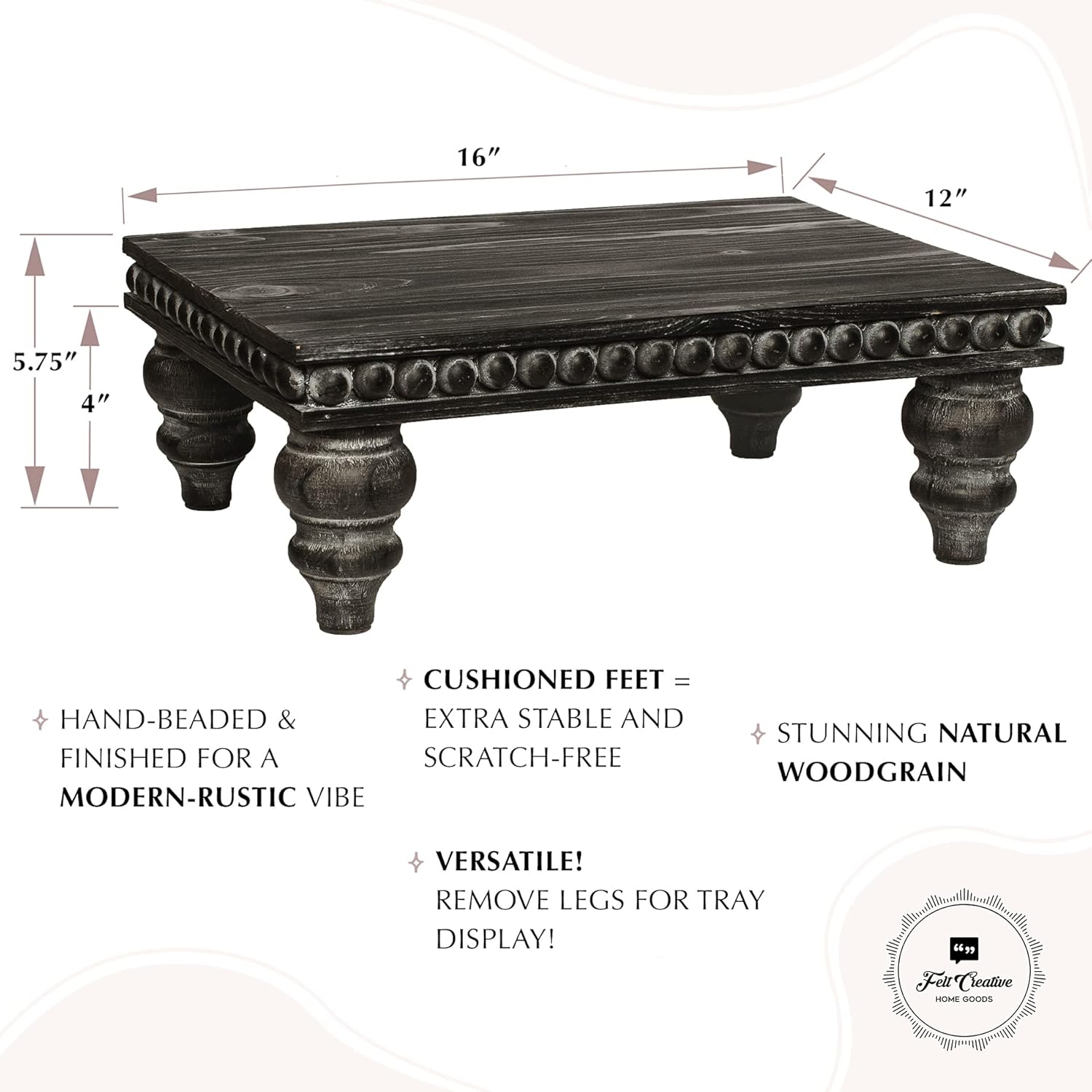 Felt Creative Home Goods Rustic Wood Beaded Pedestal Tray Decor Riser Bundle: Kitchen Counter Organizer, Coffee Bar Table, Plant Stand (Black Woodgrain)