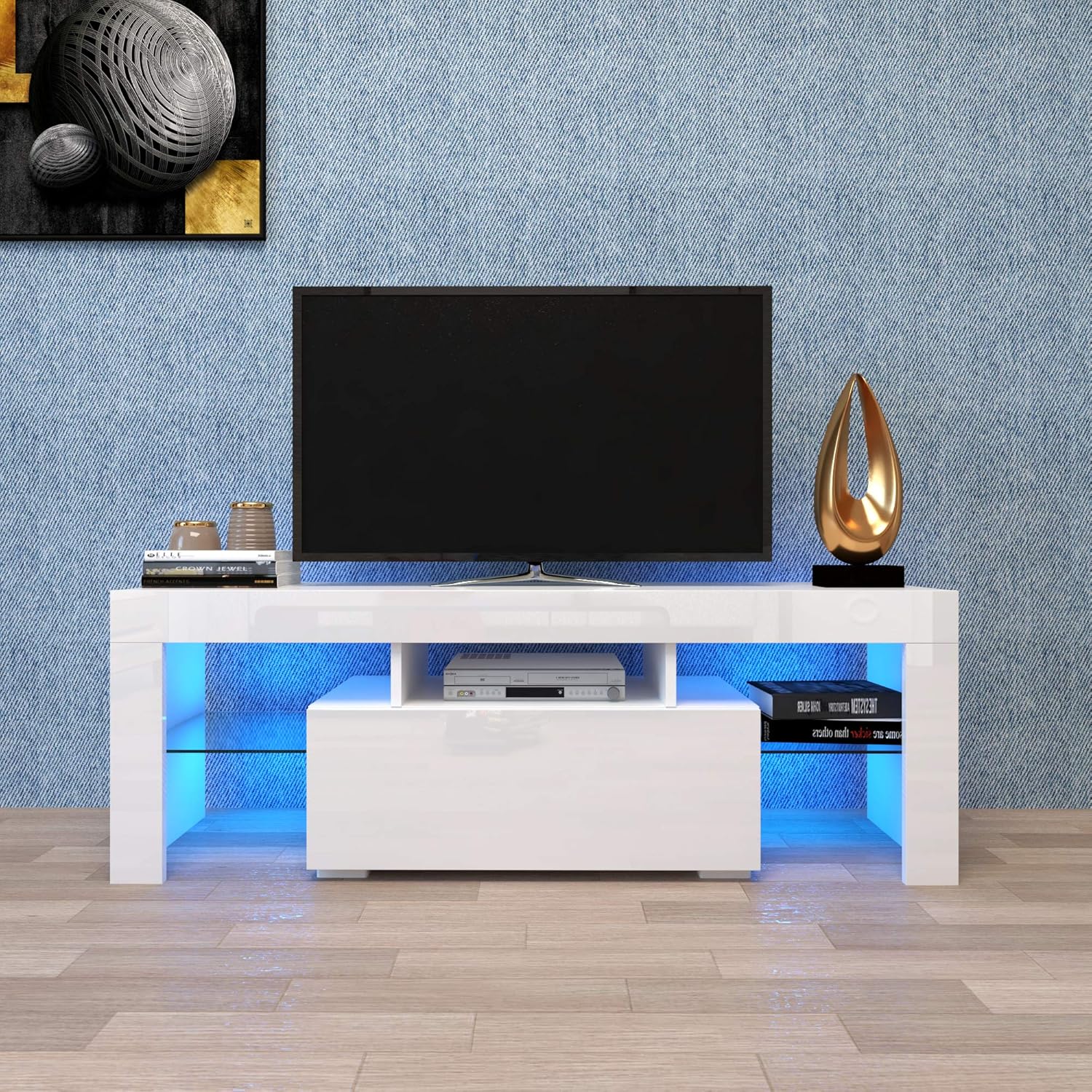 Modern TV Stand with LED Lights, High Gloss Television Stand Entertainment Center Console Table for Living Room, for 52