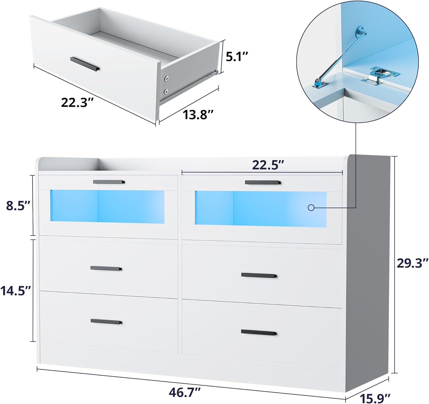 Cozy Castle 6 Drawer Double Dressers LED Modern Chest of Drawers Large Organizer Wood Accent Storage Cabinets for Living Room Home Office Entryway, White