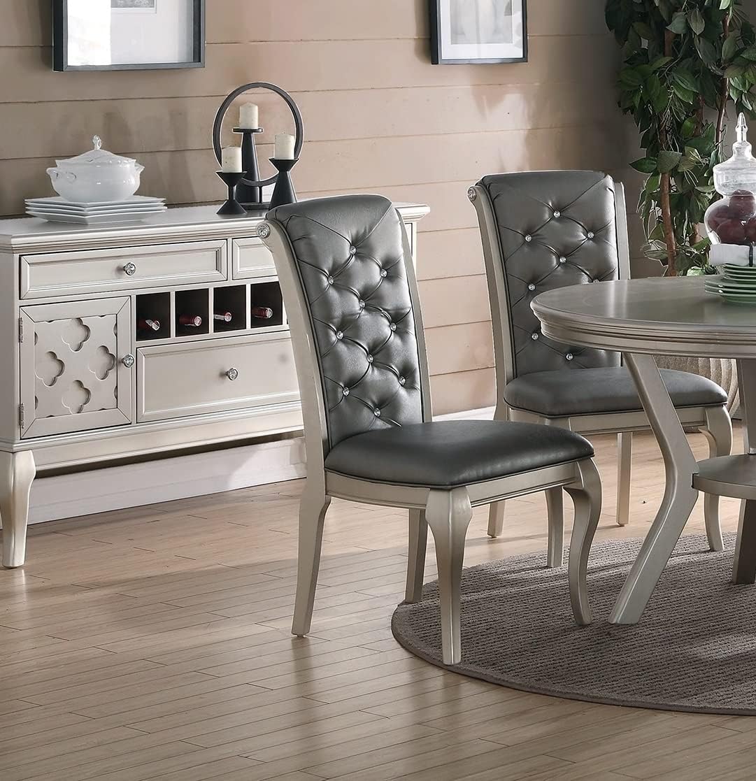 Luxury Antique Silver Wooden Set of 2 Dining Side Chairs Grey Faux Leather/PU Tufted Upholstered Cushion Chairs