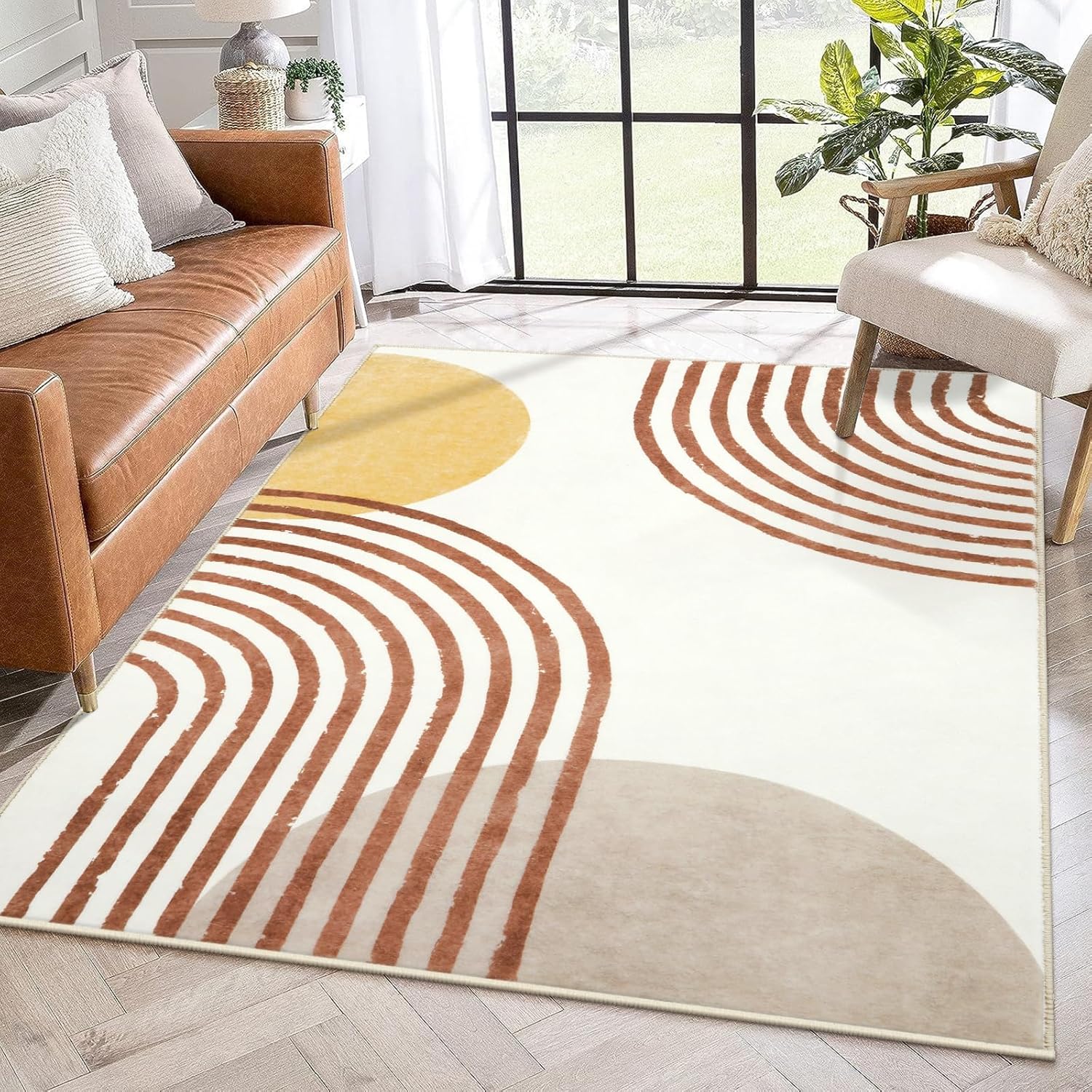 Wonnitar 4x6 Boho Area Rugs for Living Room, Washable Soft Bedroom Rug Non-Slip Nursery Throw Mat, Mid Century Modern Low Pile Minimalist Floor Carpet for Bedside Bathroom Office (Orange,4'x6')