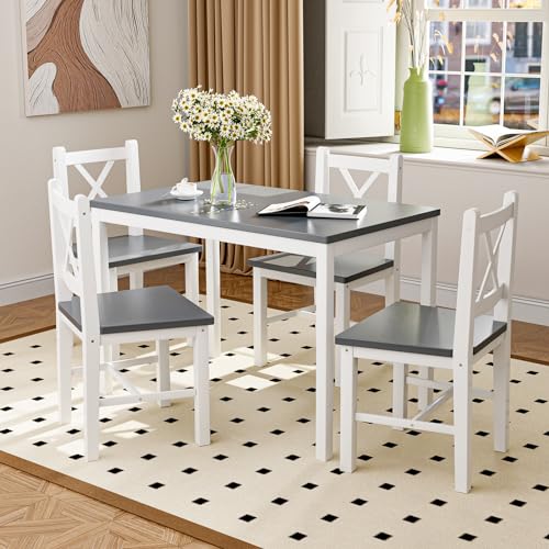Kitchen Table and Chairs for 4, Solid Wood 5-Piece Dining Table Set, Space-Saving Farmhouse Kitchen Furniture for Home, Apartment, Dining Room, Restaurant