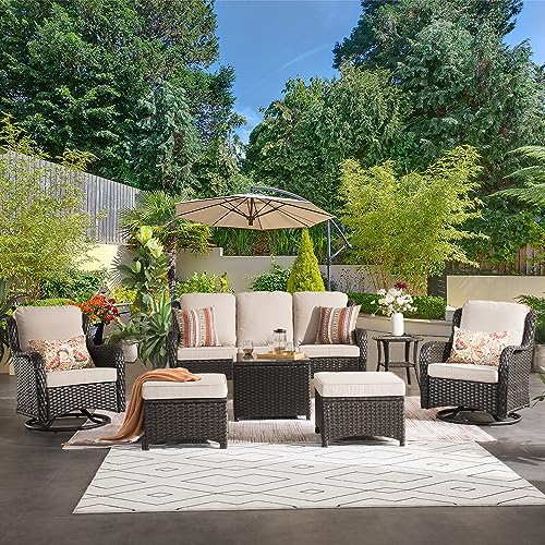 Patio Furniture Outdoor Furniture All Weather Wicker 7 Pieces Conversation Set with Swivel Rocking Chairs Matching Side Table,High Back Sofa,Ottomans and Coffee Table,Grey Wicker Denim Blue