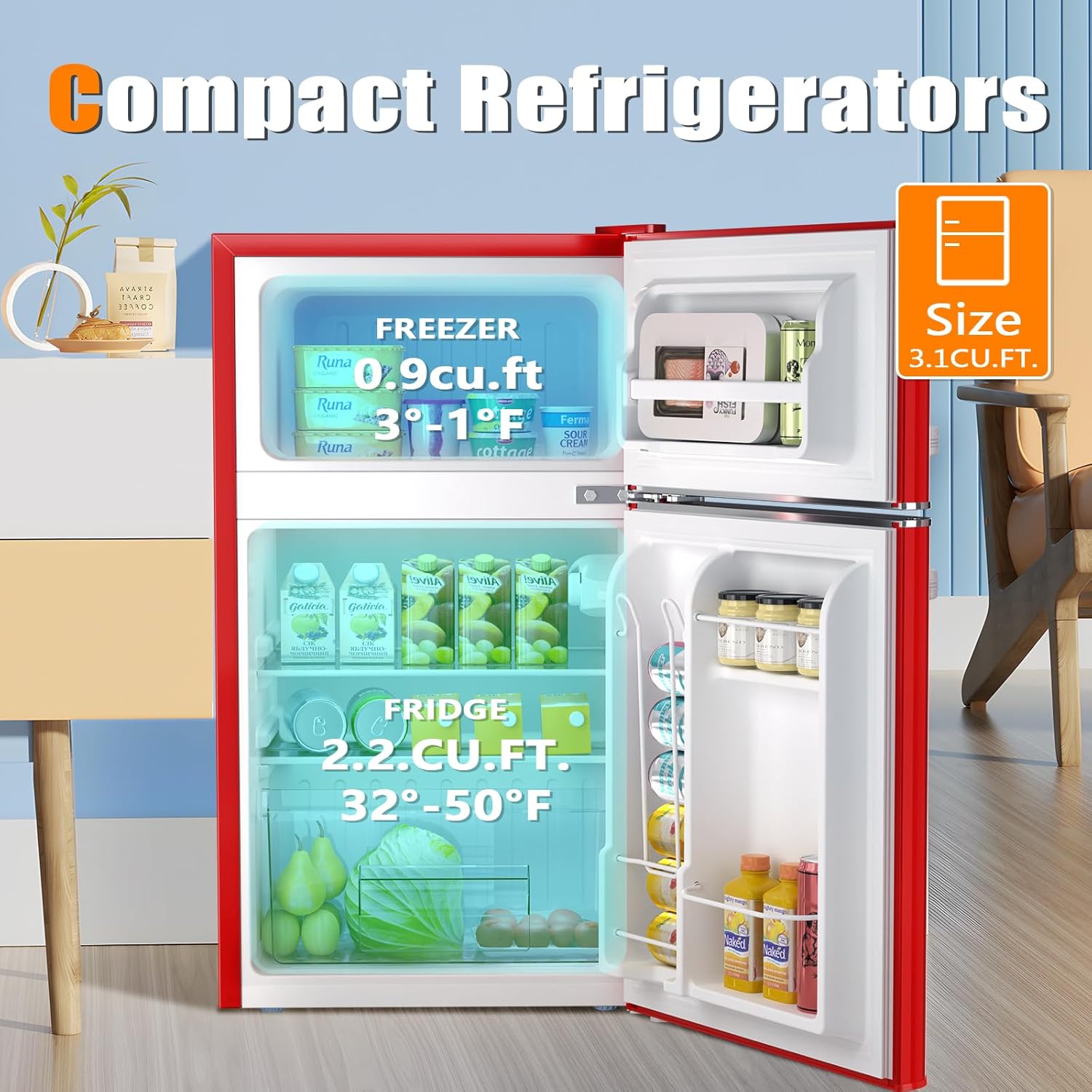 Antarctic Star Compact Mini Refrigerator Separate Freezer, Small Fridge Double 2-Door 3.2 cu ft. Red