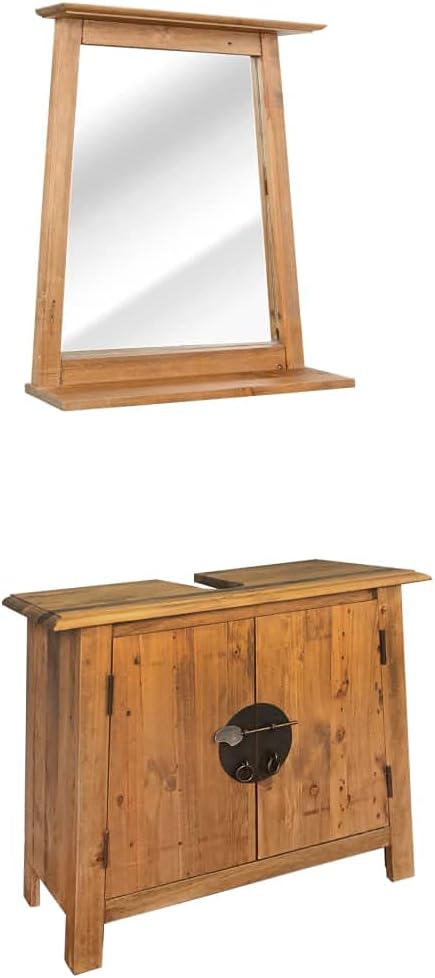 Bathroom Furniture Set Solid Recycled Pinewood,Wood Construction Square Countertop with Wall-Mounted Mirror,Vanity Cabinet with a Large Compartment