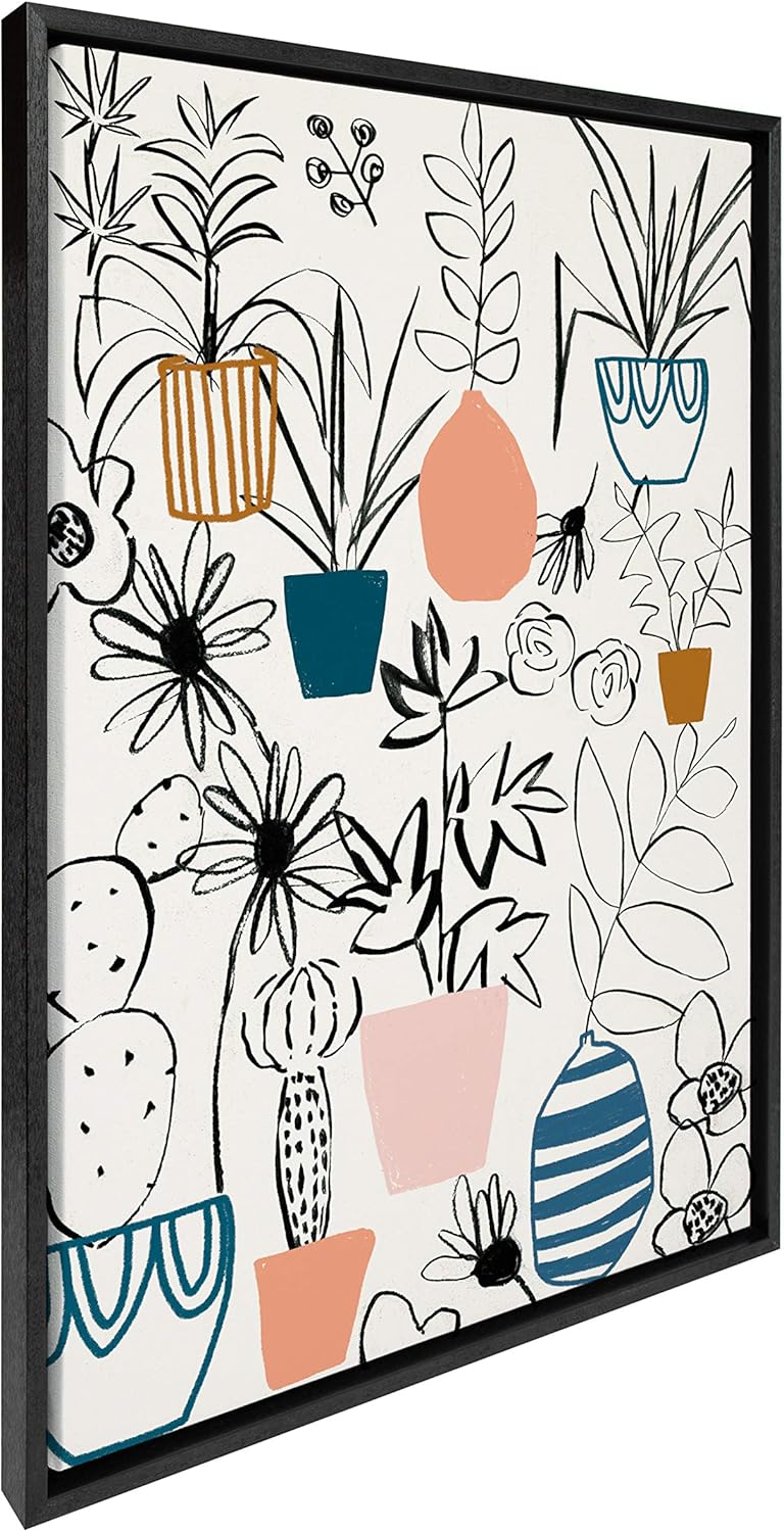 Kate and Laurel Sylvie Plant Kingdom Framed Linen Textured Canvas Wall Art by Teju Reval, 23x33 Black, Whimsical Botanical Wall Decor