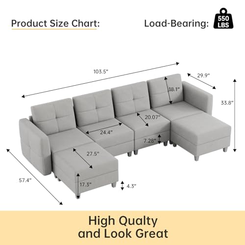 Modular Sectional Sofa Couch with Storage for Living Room, 5 Seater Sectional with Eversible Ottomans, Apartment U Shaped Sofa