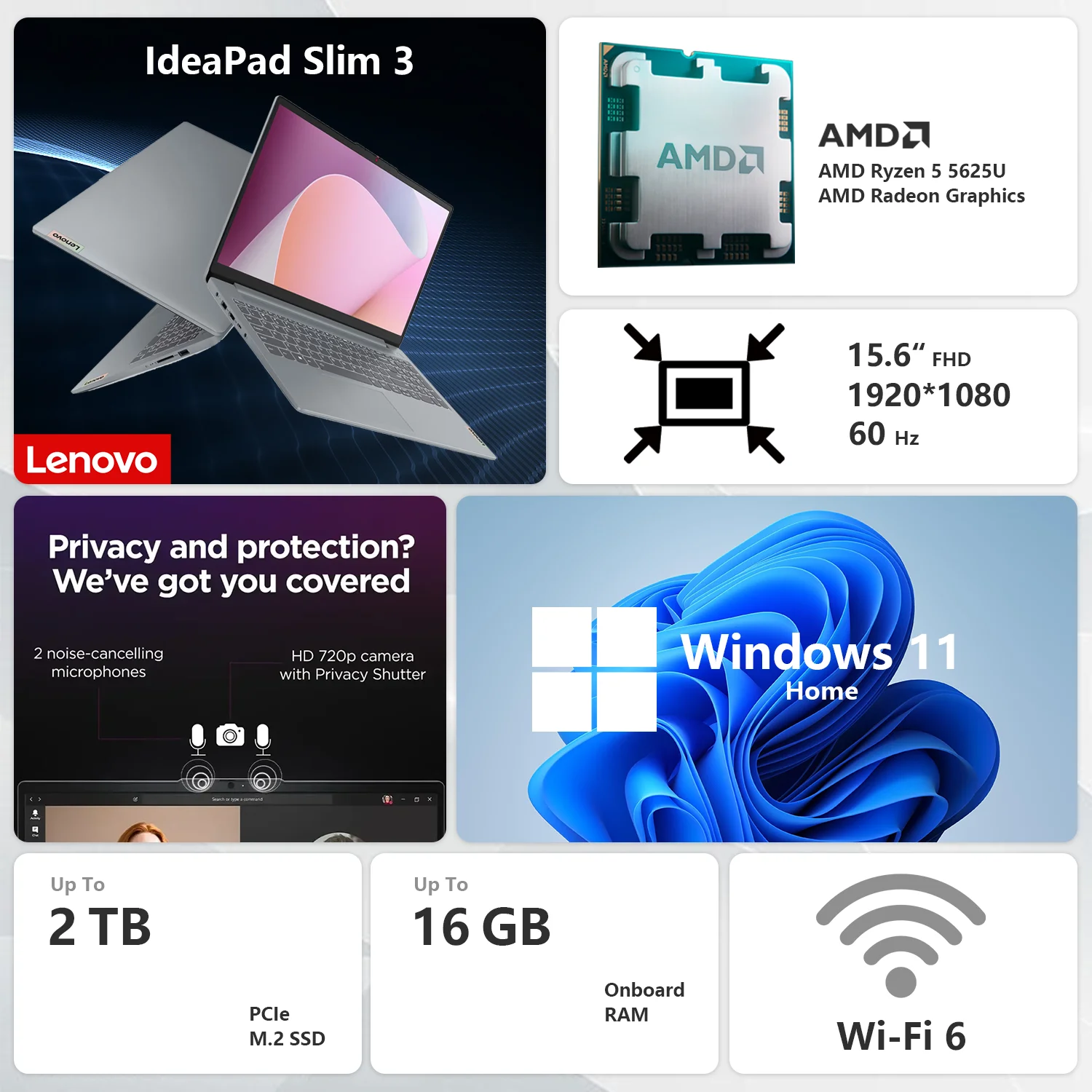 Lenovo Ideapad Slim 3 15.6" Laptop, AMD Ryzen 5 5625U, 16GB RAM, 512GB SSD, Backlit kb, Windows 11 Home