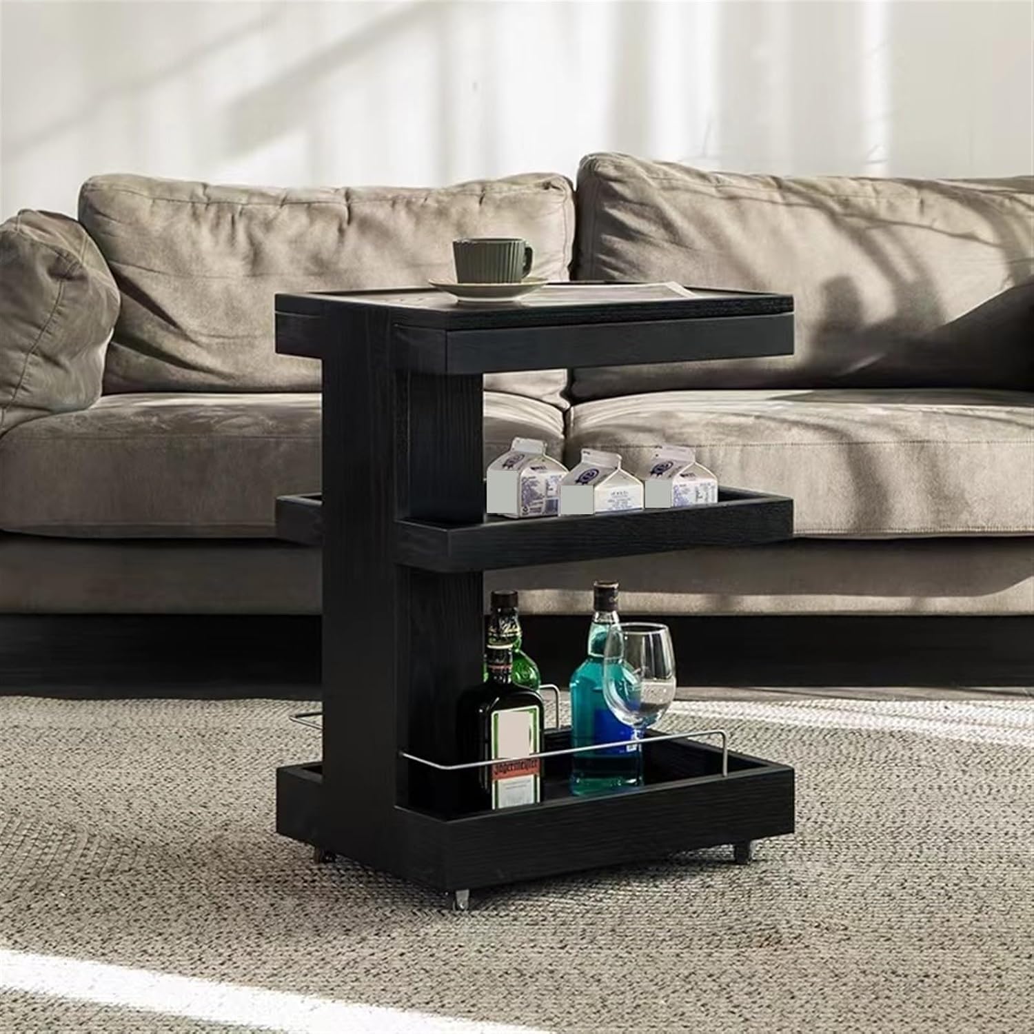 Side Table Black Walnut Can Move Side Several, Living Room Sofa Wooden Small Coffee Table, Simple Corner Several Cabinets End Table