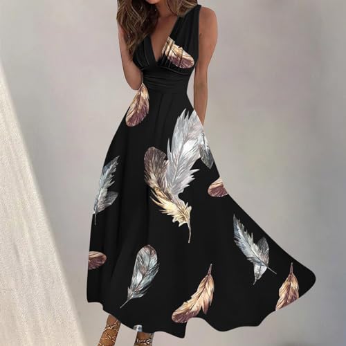Summer Dresses for Women Casual Fashion Sleeveless V Neck Floral Dress High Waisted Flutter Ladies Sexy Maxi Dresses
