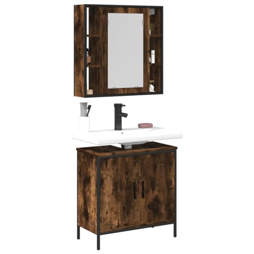 2 Piece Bathroom Furniture Set Smoked Oak Engineered Wood,Durable Bathroom Vanity Set with WallMounted Mirror Cabinet for Enhanced Storage and Space Optimization