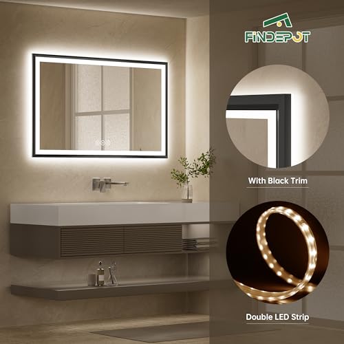 Findepot 24x32 LED Bathroom Mirrors for Wall -Make Up Black Aluminum Framed,Anti-Fog Vanity Mirror with Lights,Stepless Dimmable Lighted Mirror,3 Colors Smart Mirror(Horizontal/Vertical)
