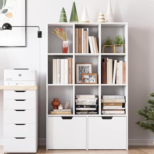 9 Cube Storage Organizer with Drawers, Dark Brown Bookshelf with Storage, Wooden 3-Tier Open Freestanding Shelf, for Kids Room, Living Room, Office, Bedroom