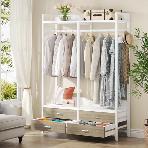 Clothes Rack, Heavy Duty Garment Rack with 4 Drawers, 8 Hooks and Storage Shelves, Wardrobe Closet Storage Rack for Bedroom, Living Room