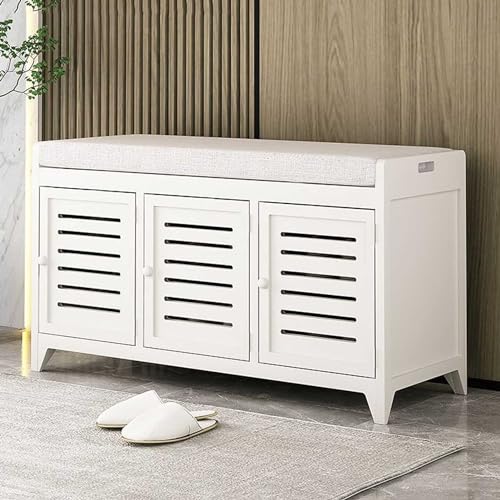 Small Bench with Storage Solid Wood Hallway Closed Shoe Rack Cabinet Organizer Narrow Entryway Bench with Seat and Doors, 90cm