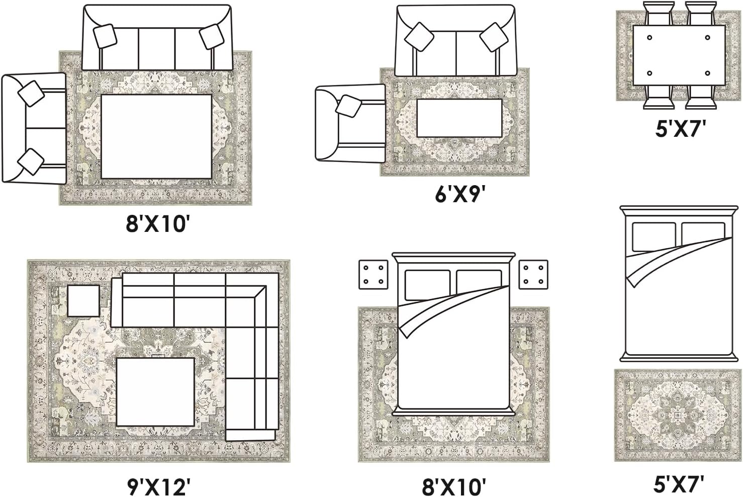 Large Area Rug for Living Room 9x12 - Vintage Machine Washable Rugs Traditional Neutral Floor Carpet Soft Low Pile Area Carpet Big Oriental Rug Stain Resistant Modern Rug for Bedroom - Grey/Beige