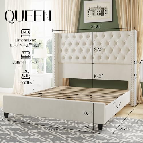 Jocisland Queen Size Bed Frame Velvet Upholstered Platform Bed with 51.6