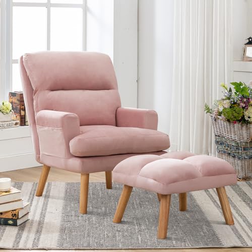 Contemporary Elegance Accent Chair with Footrest,Recliner Chair, Living Room Chair, Single Sofa Chair with Footrest, Armrest and Wood Legs (Pink)