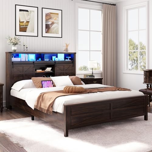 Farmhouse LED Queen Size Bed Frame with Storage Bookcase Headboard w/Sliding Barn Door, Rustic Wood Platform Storage Bed w/LED Lights&Charging Station, No Box Spring Needed, Brown