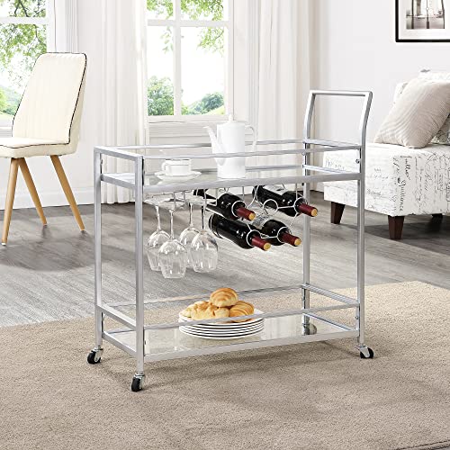 FirsTime & Co. Silver Delilah Bar Cart, 2 Tier Mobile Mini Bar, Kitchen Serving Cart and Coffee Station with Storage for Wine and Glasses, Metal and Glass, Modern