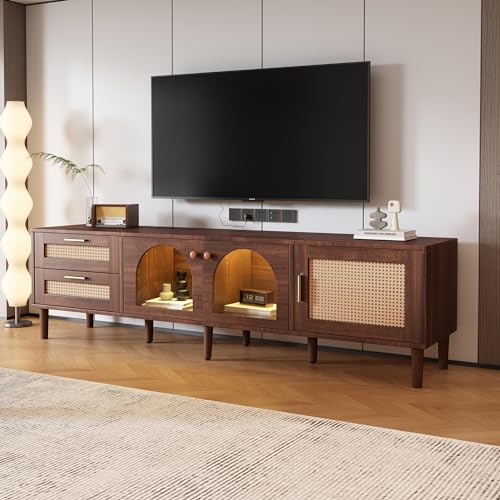 Rattan TV Stand for 75 Inch TV-Modern Media Console with 3 Cabinets & 2 Drawers, Entertainment Center with LED Light, Wood TV Console Furniture for Living Room (Brown)