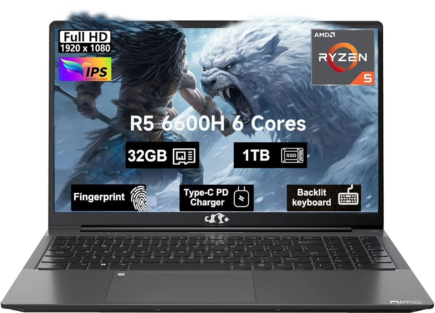 15.6" Business-gaming-Laptop 6-Cores AMD Ryzen 5 6600H 660M 6nm GPU 32GB DDR5 1TB SSD(up to 4.5GHz) Windows11 100W Type-C FHD IPS Laptop-Computer with Fingerprint Backlit Keyboard WiFi5