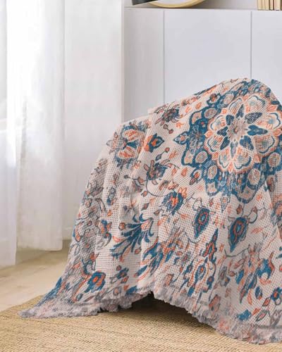 Boho Sofa Cover Couch Covers for 3 Cushion Couch Throw Couch Cover with Tassel Soft Sofa Slipcover Vintage Neutral Floral Pattern Blue Couch Furniture Protector for Dog Pet 71