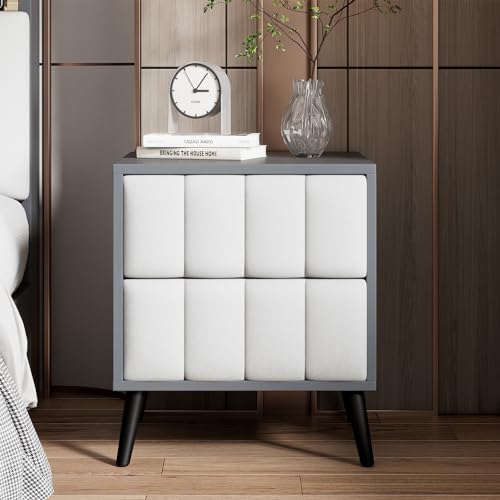 Modern Bedroom Nightstand Bedside Table with 2 Drawers, Metal Legs Night Stand Space Saving Spacious Bed Side Table for Living Room, Office, Studio Walnut+Beige