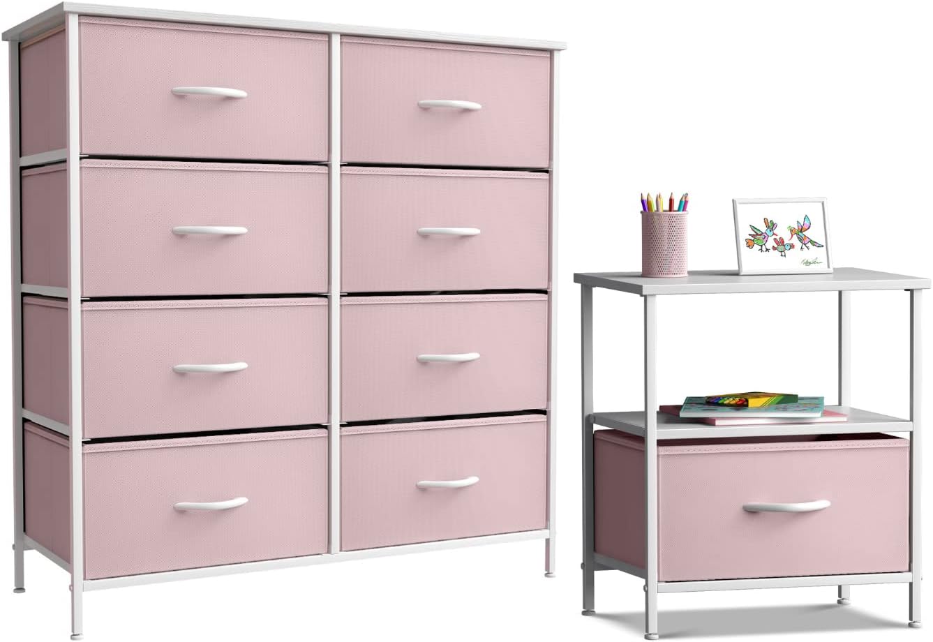Sorbus Kids Dresser with 8 Drawers and 1 Drawer Nightstand Bundle - Matching Furniture Set - Storage Unit Organizer Chests for Clothing - Bedroom, Kids Rooms, Nursery, & Closet (Pink)