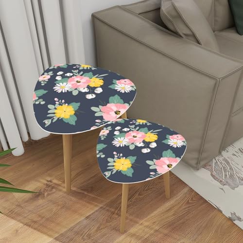 Triangle Nesting Coffee Table Set of 2 Summer cute hand drawn scandinavian style seamless pattern cottage Modern Minimalist Side Table Small End Table Leisure Tea Table Living room Bedroom Office