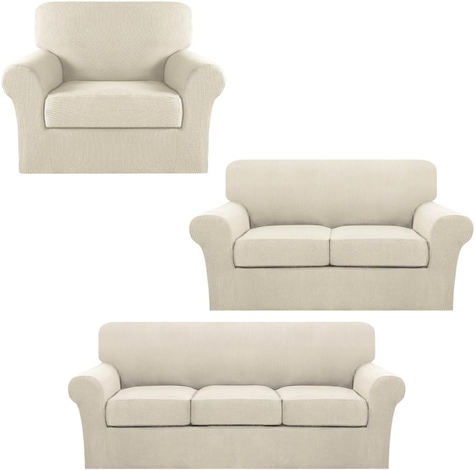 Turquoize Stretch Sofa Covers for 3 Cushion Bundle Loveseat Cover for 2 Cushion Bundle Armchair Cover, Sofa Furniture Covers with Individual Cushion Covers, Biscotti Beige