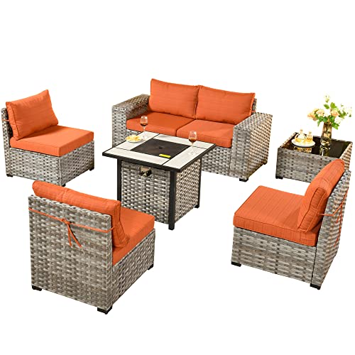 6 PCS Patio Furniture Set,Wide Armrest Outdoor Sectional Sofa,All Weather PE Rattan Outside Conversation Sets with Coffee Table,Black