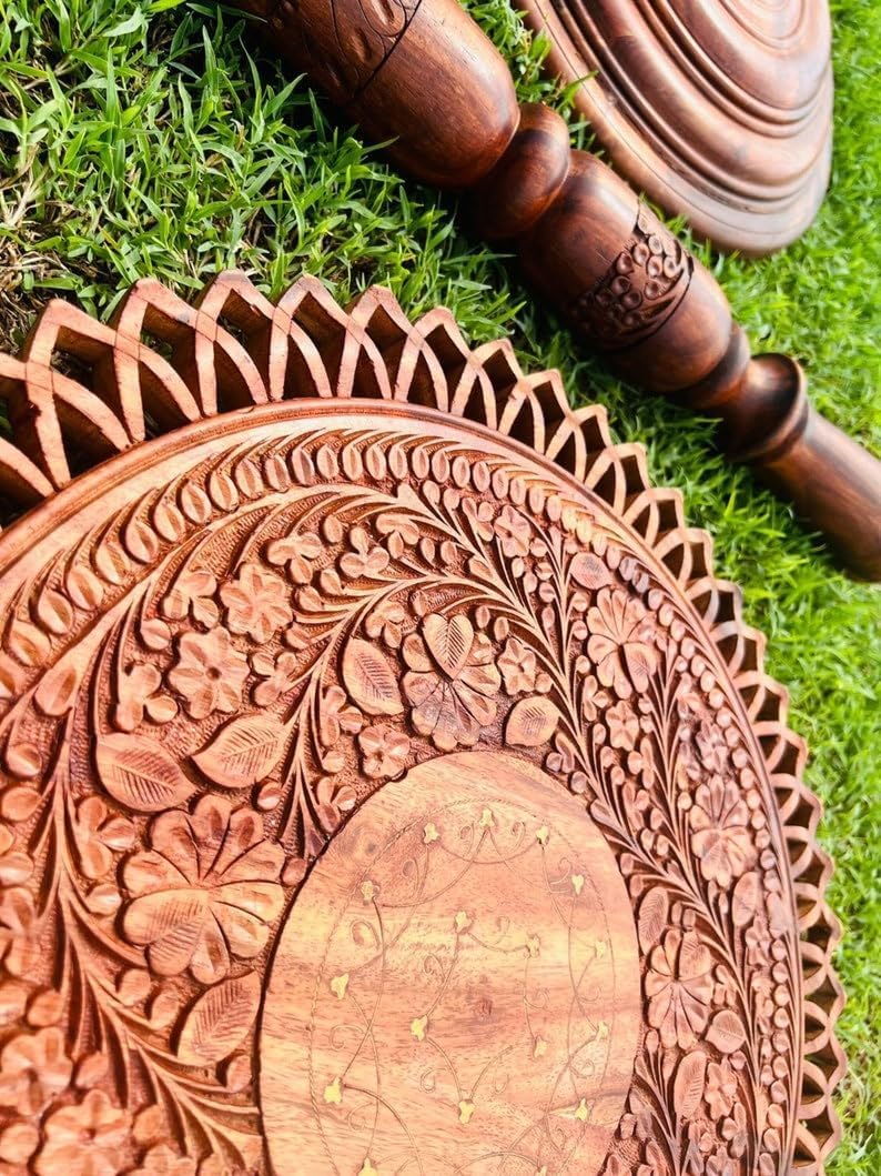 Round Coffee Table - Handmade Wooden Live Edge Coffee Table with Engraving and Brass Art, Mid Century End Table Entryway Home Decor