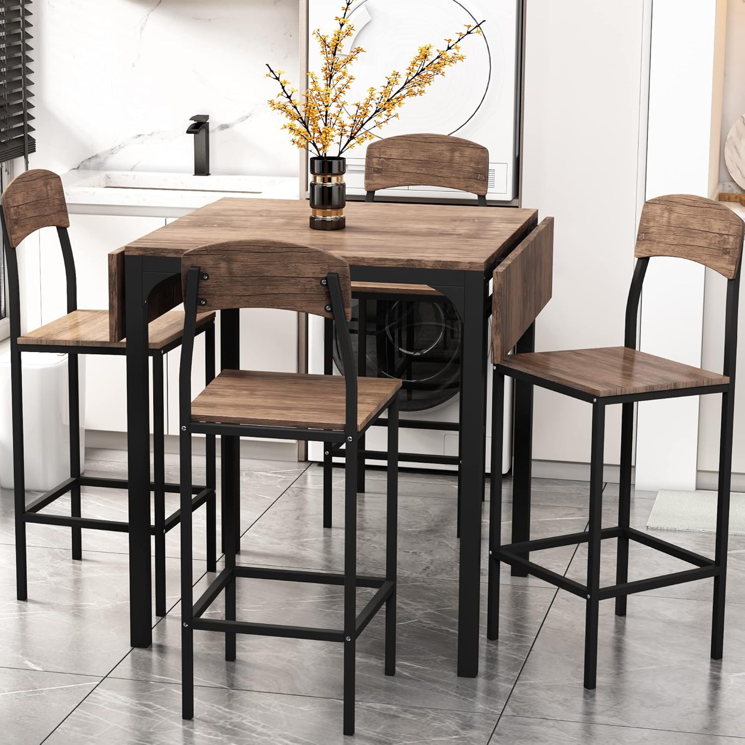 Farmhouse 5 Piece Counter Height Dining Table Set with Drop Leaf Table/ 4 Chairs, Comfort Footrest Design, Space Saving Design, Ideal for Kitchen, Small Place (Black+Brown*M)