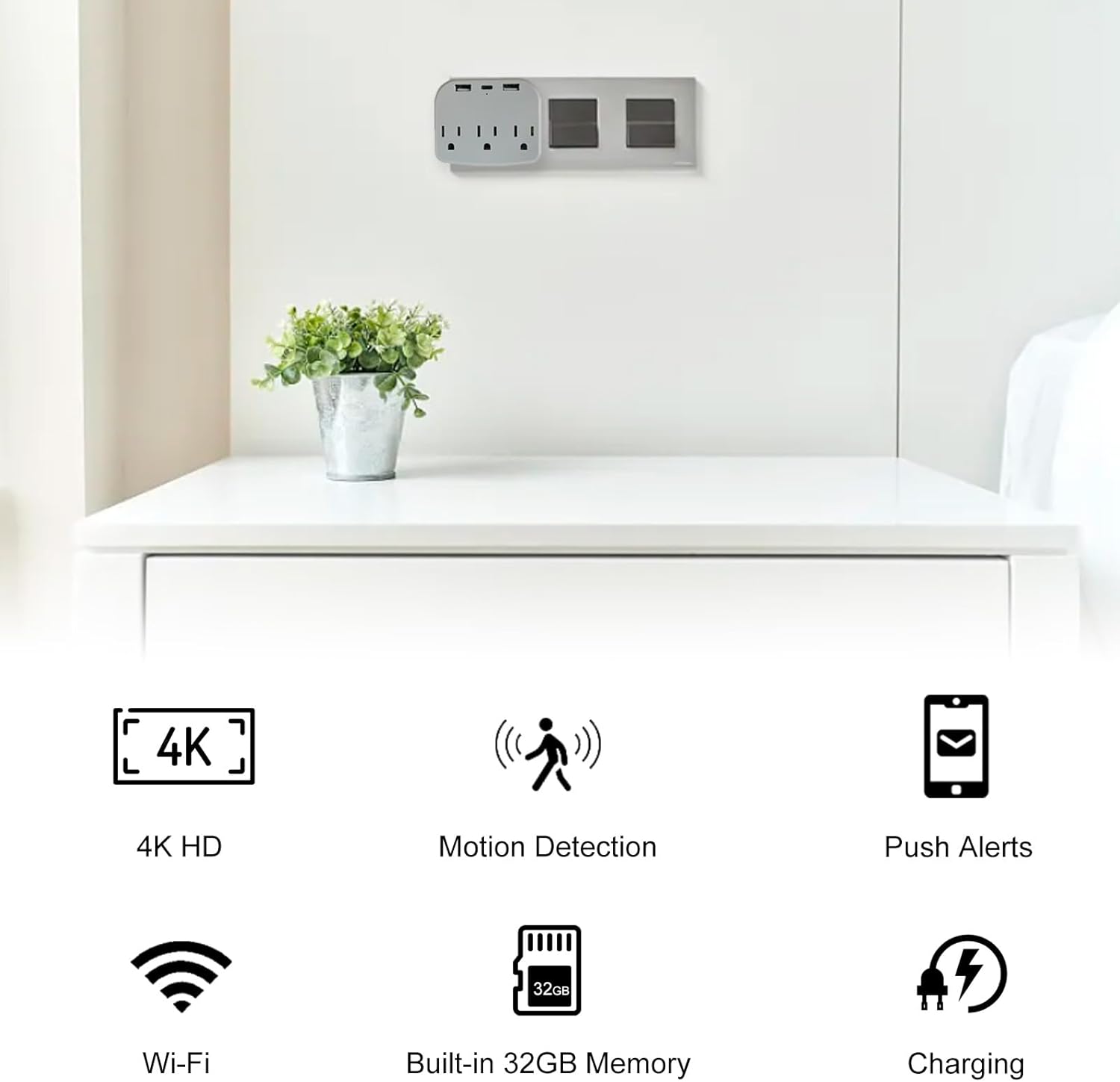 Hidden Camera Outlet Wall Charger, 4K Ultra HD, Wireless Wi-Fi, App Real-Time View, Built-in 32GB Memory, Hidden Camera for Home Security
