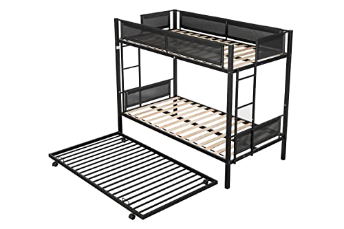 Donext Twin Over Full Metal Bunk Bed with Trundle, Heavy-Duty Bunk Bed with Guardrail, Space-Saving Bunk Bed for Kids, Teens, Adults, Bunk Bed for Three, 2 side Ladders, No Box Spring Needed, Black