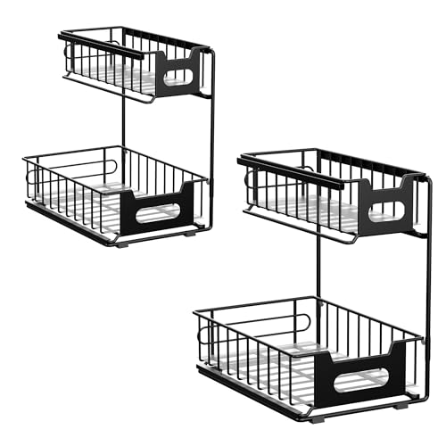 Metal Under Sink Organizers and Storage, L-Shape Pull Out Kitchen Cabinet Slide Out Sink Shelf, 2-Tier Sliding Drawer Storage Basket for Bathroom Organization, Black