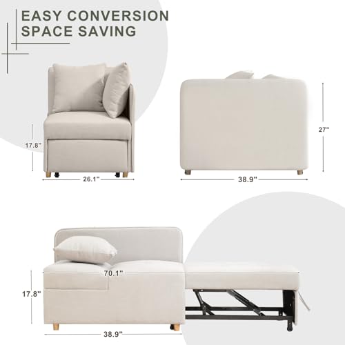 3-in-1 Convertible Futon Sofa Bed: Adjustable, Multi-Functional Lounger Sleeper Recliner Chair with Linen Fabric for Small Spaces - Includes 2 Throw Pillows（Grey）